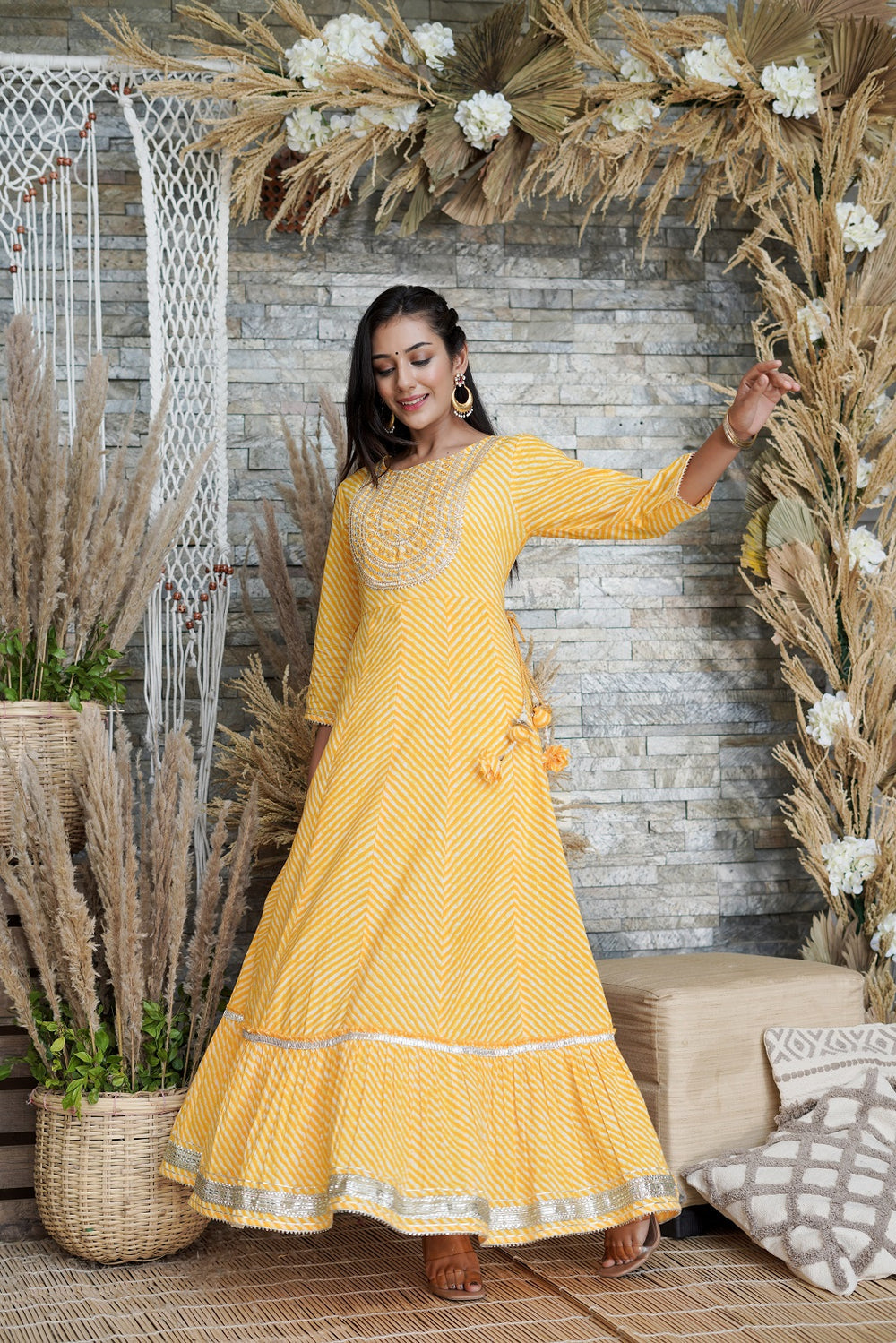 Juniper Women's Yellow Printed Flared Cotton Cambric Dress