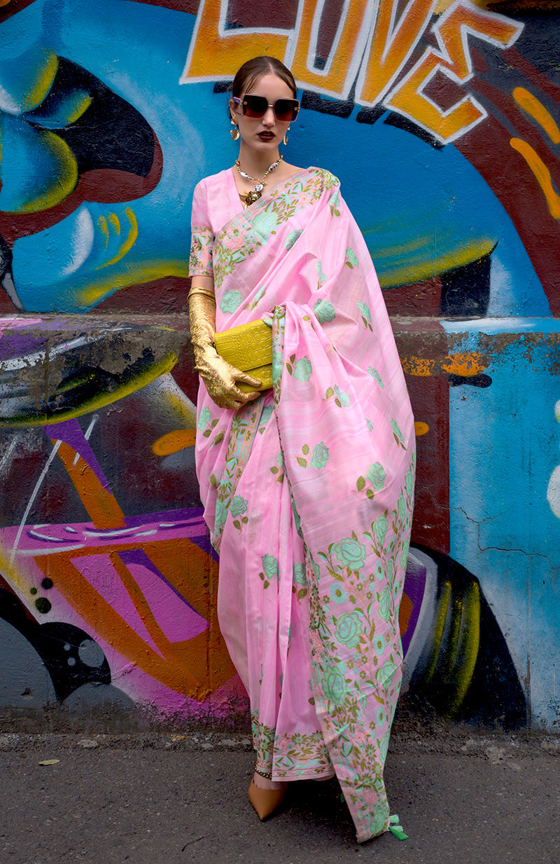 Monjolika Fashion Handloom Weaving Ethnic Saree In Pink
