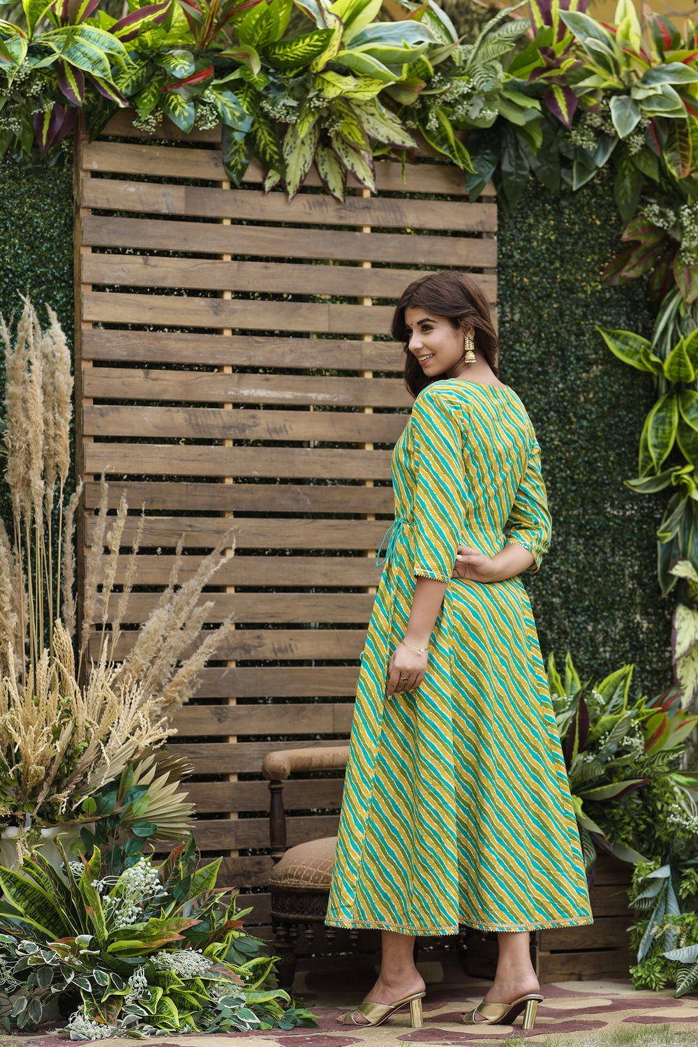 Juniper Women's Cotton Cambric Green Printed Flared Festive Long Dress