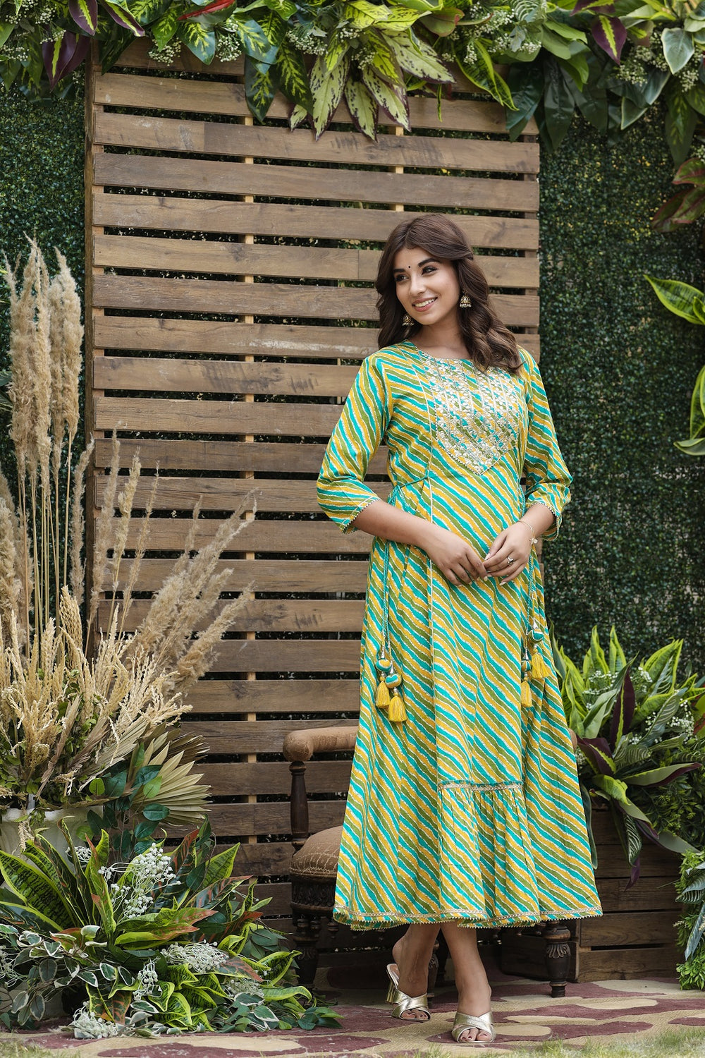Juniper Women's Cotton Cambric Green Printed Flared Festive Long Dress