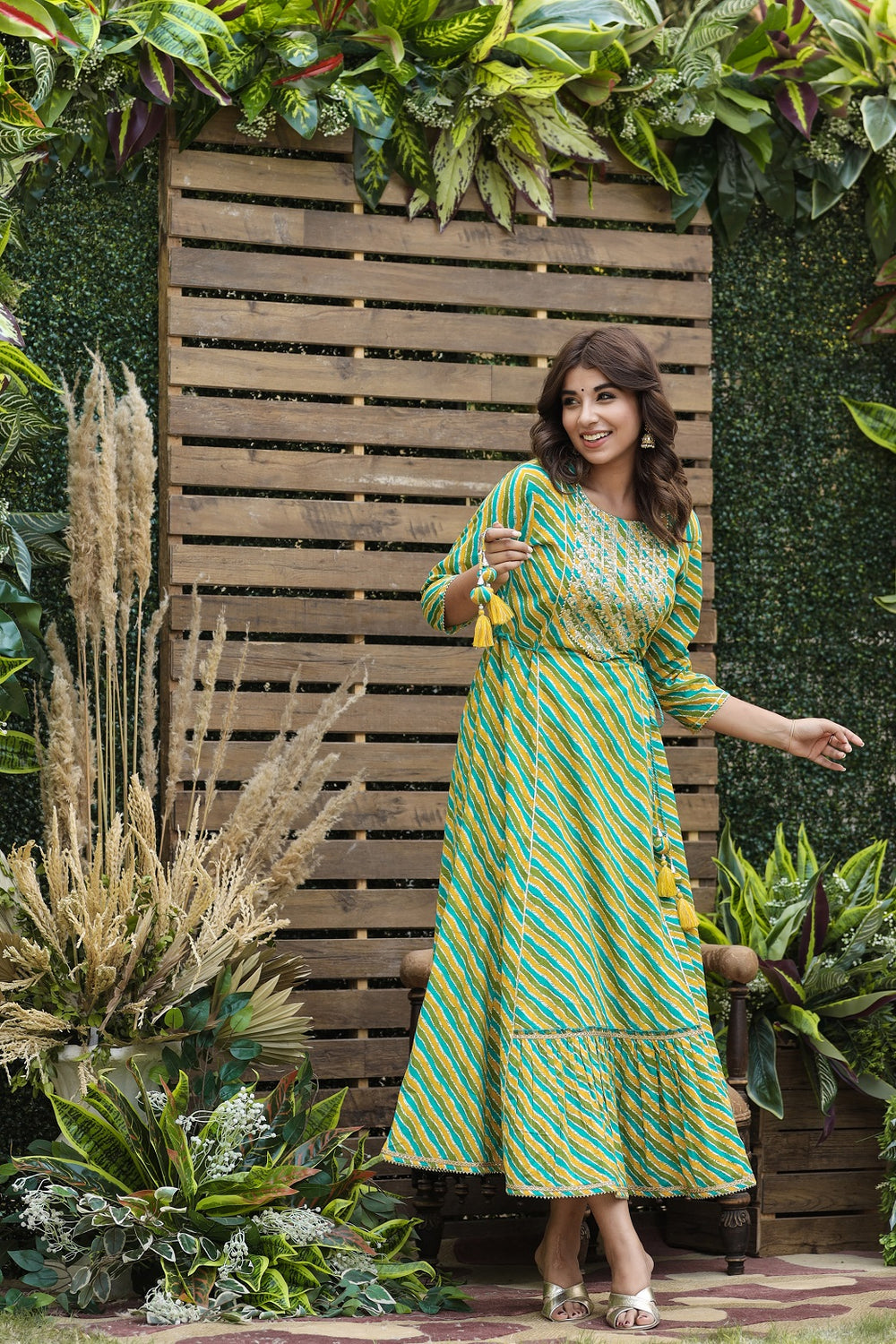 Juniper Women's Cotton Cambric Green Printed Flared Festive Long Dress