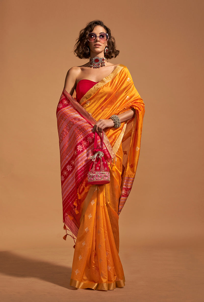 Monjolika Fashion Weaving Handloom Silk Classic Saree In Mustard