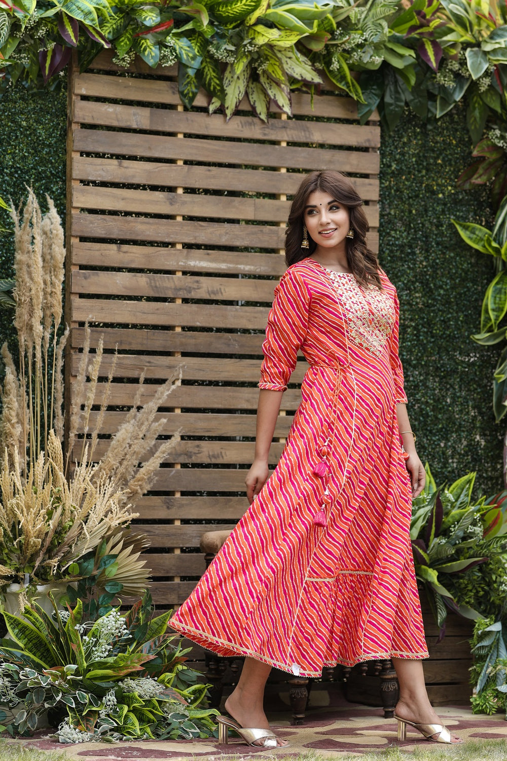 Juniper Women's Cotton Cambric Red Printed Flared Festive Long Dress