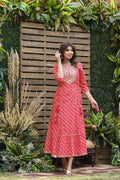 Juniper Women's Cotton Cambric Red Printed Flared Festive Long Dress
