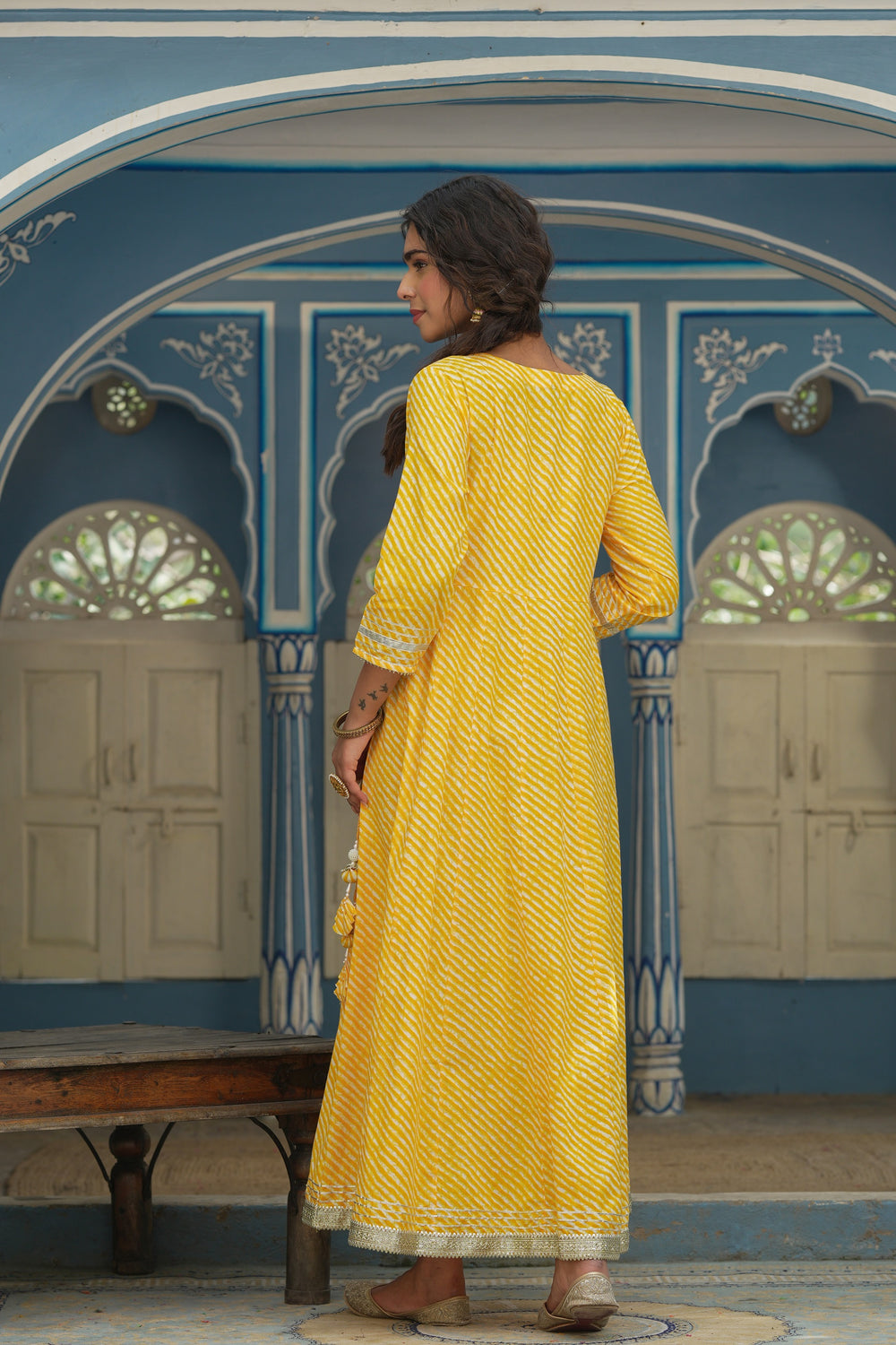 Juniper Women's Cotton Cambric Yellow Printed Embroidered Flared Festive Long Dress