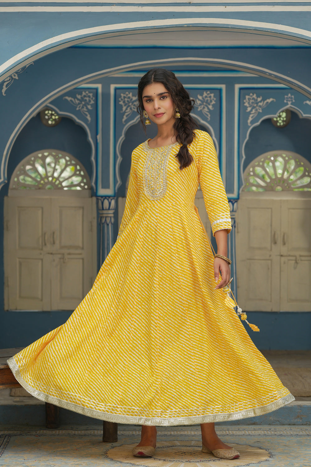 Juniper Women's Cotton Cambric Yellow Printed Embroidered Flared Festive Long Dress