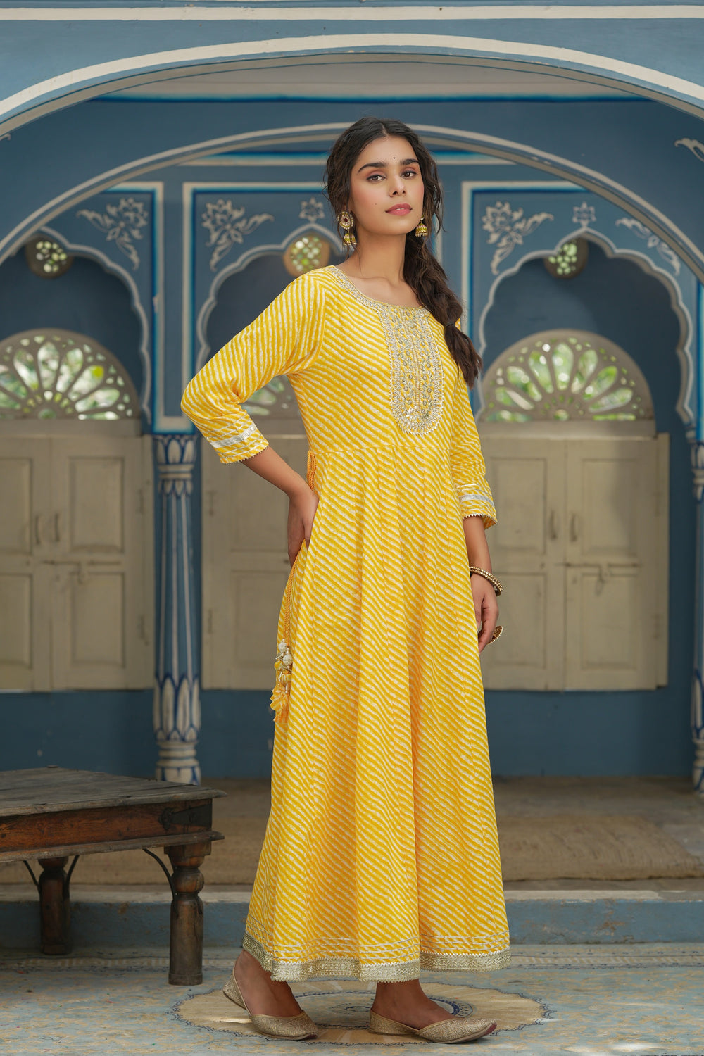 Juniper Women's Cotton Cambric Yellow Printed Embroidered Flared Festive Long Dress