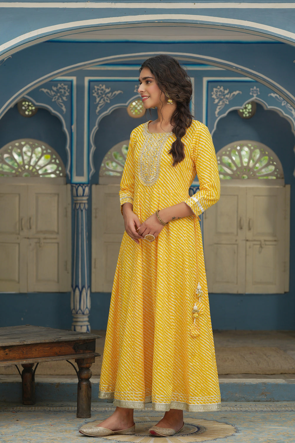 Juniper Women's Cotton Cambric Yellow Printed Embroidered Flared Festive Long Dress