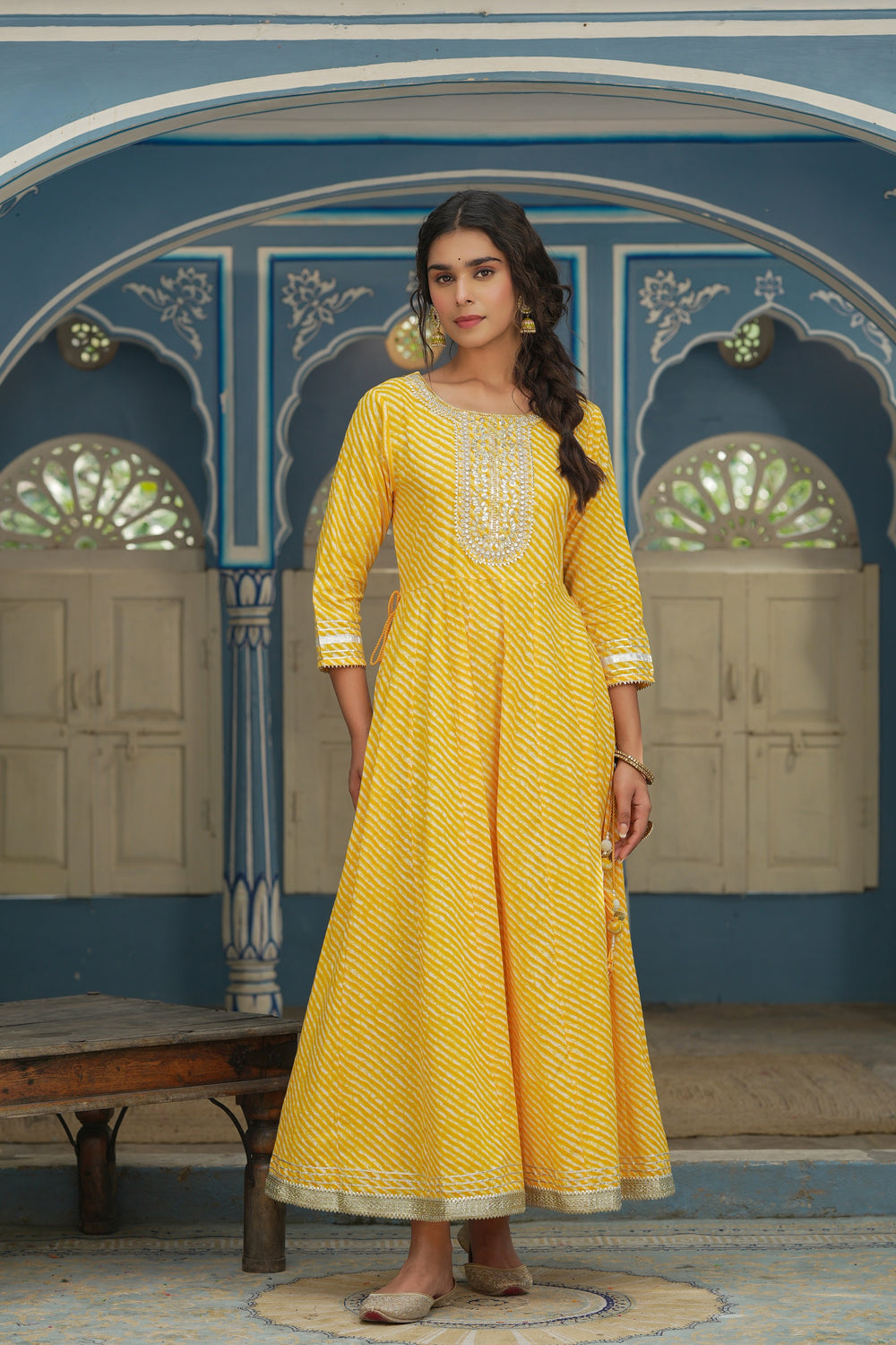 Juniper Women's Cotton Cambric Yellow Printed Embroidered Flared Festive Long Dress