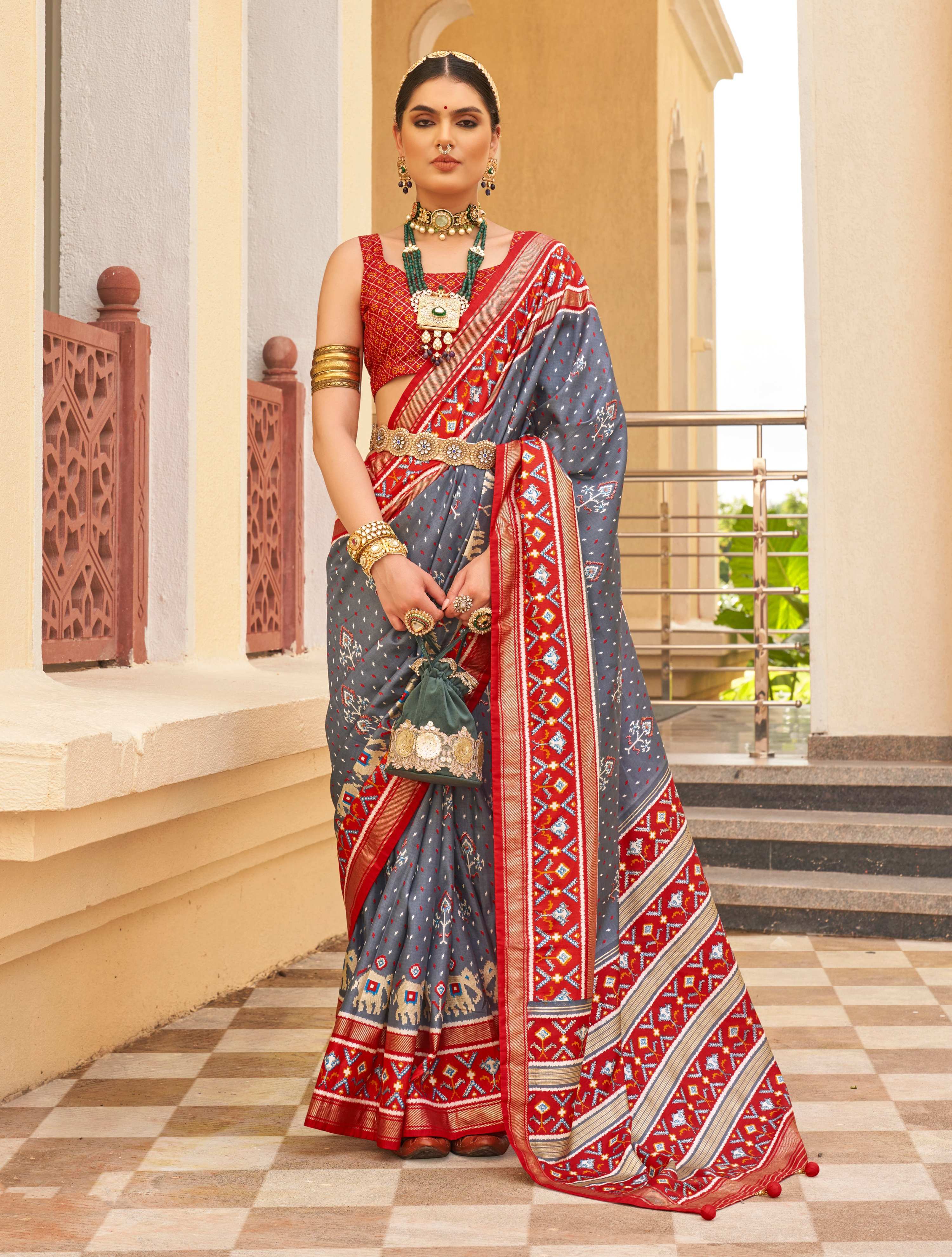 Monjolika Fashion Dark Grey Colour Sigma Silk Patola Printed Saree With Blouse
