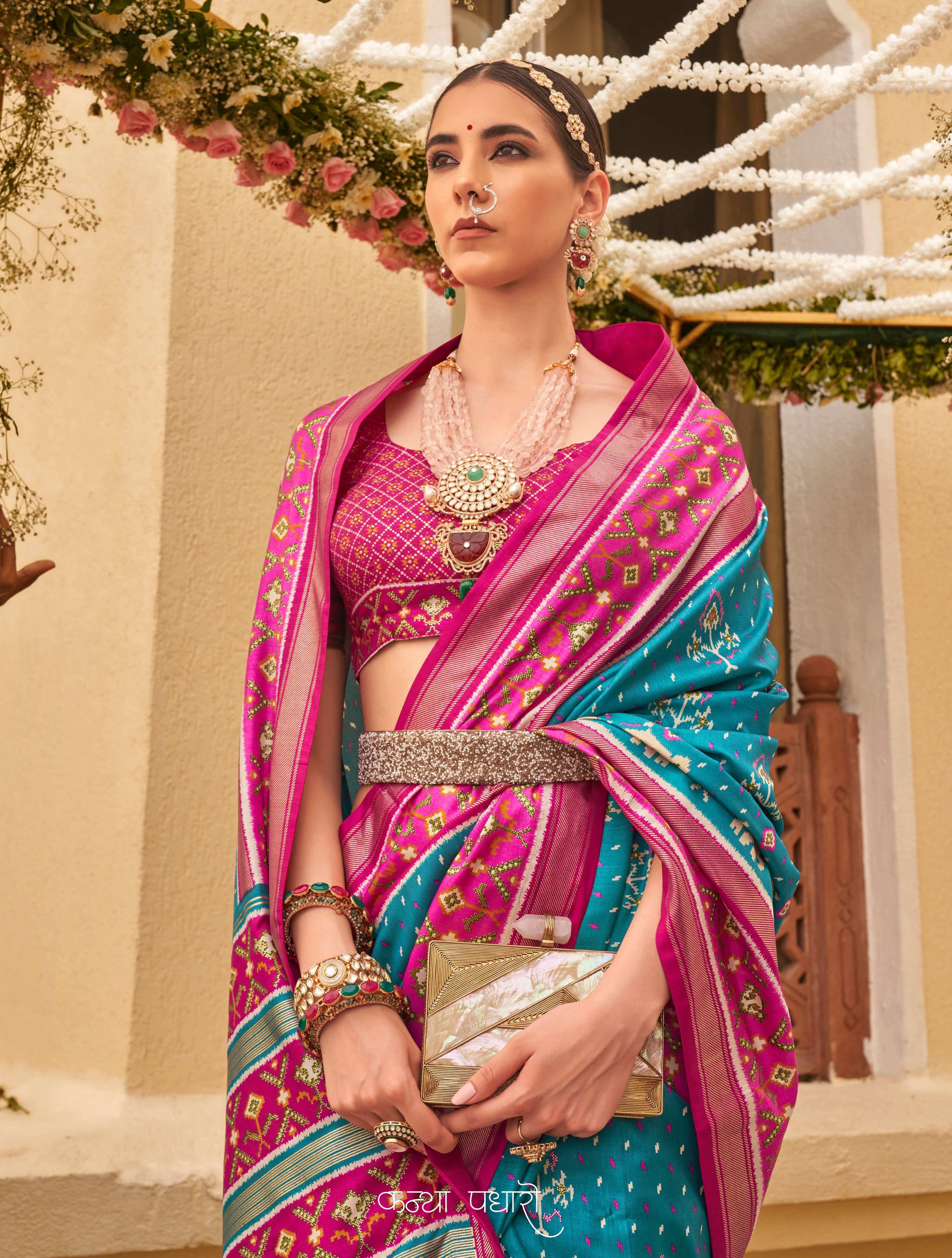 Monjolika Fashion Blue & Rani Colour Sigma Silk Patola Printed Saree With Blouse