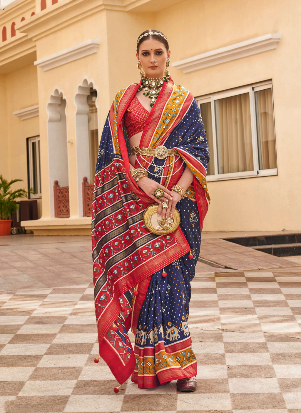 Monjolika Fashion Navy Blue Colour Sigma Silk Patola Printed Saree With Blouse