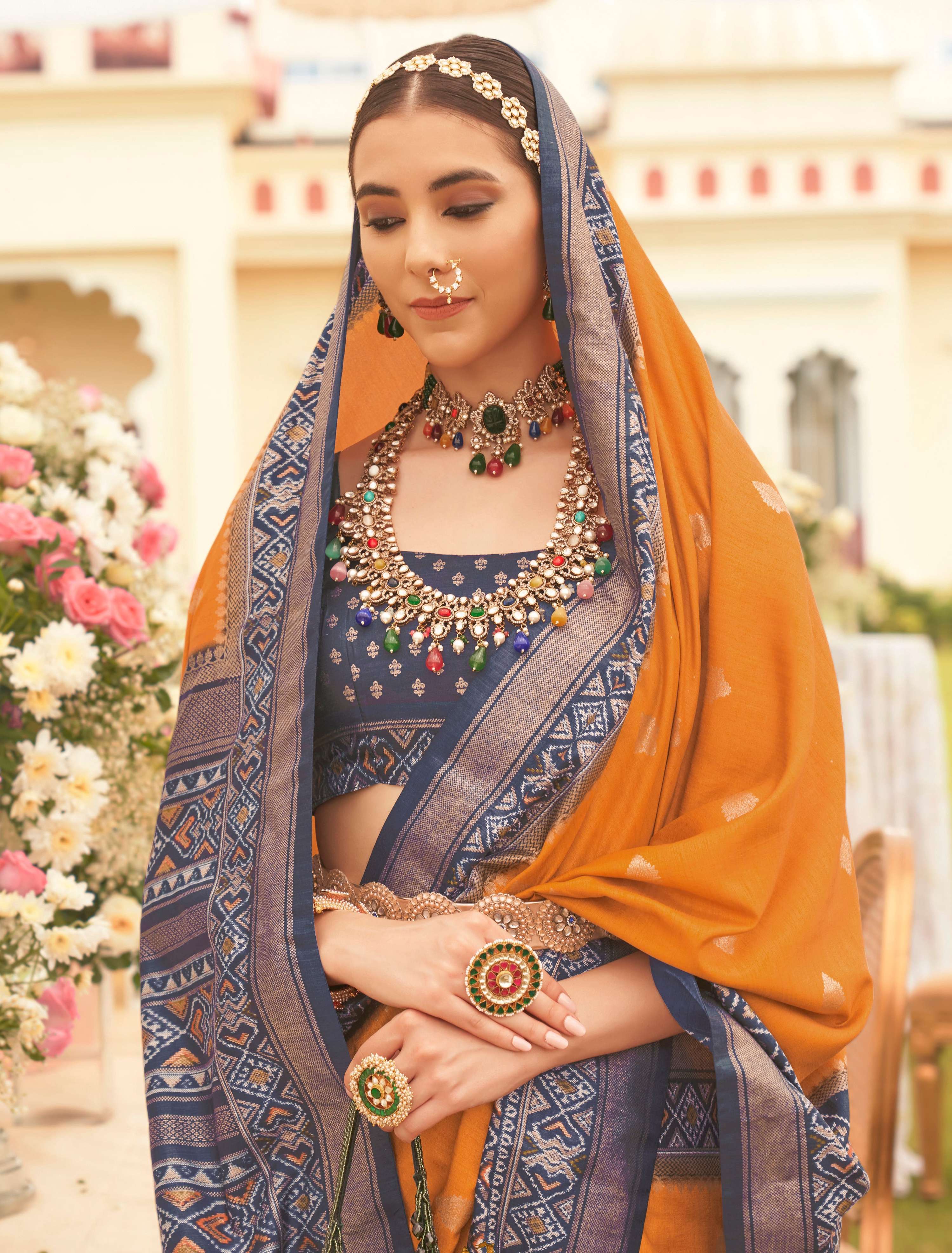 Monjolika Fashion Mustard Colour Sigma Silk Patola Printed Saree With Blouse