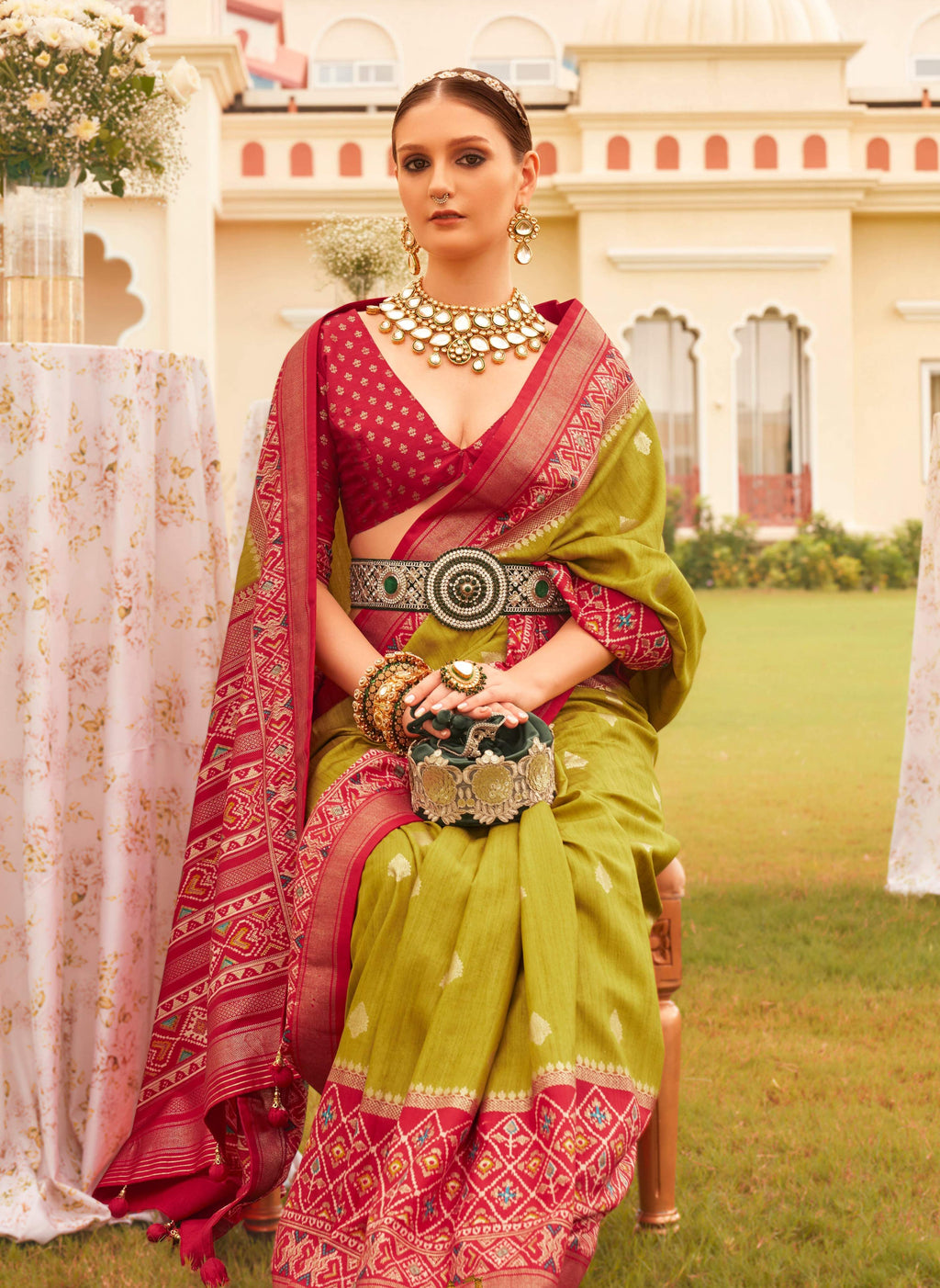 Monjolika Fashion Olive & Maroon Colour Sigma Silk Patola Printed Saree With Blouse