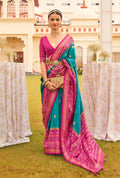 Monjolika Fashion Blue & Rani Colour Sigma Silk Patola Printed Saree With Blouse