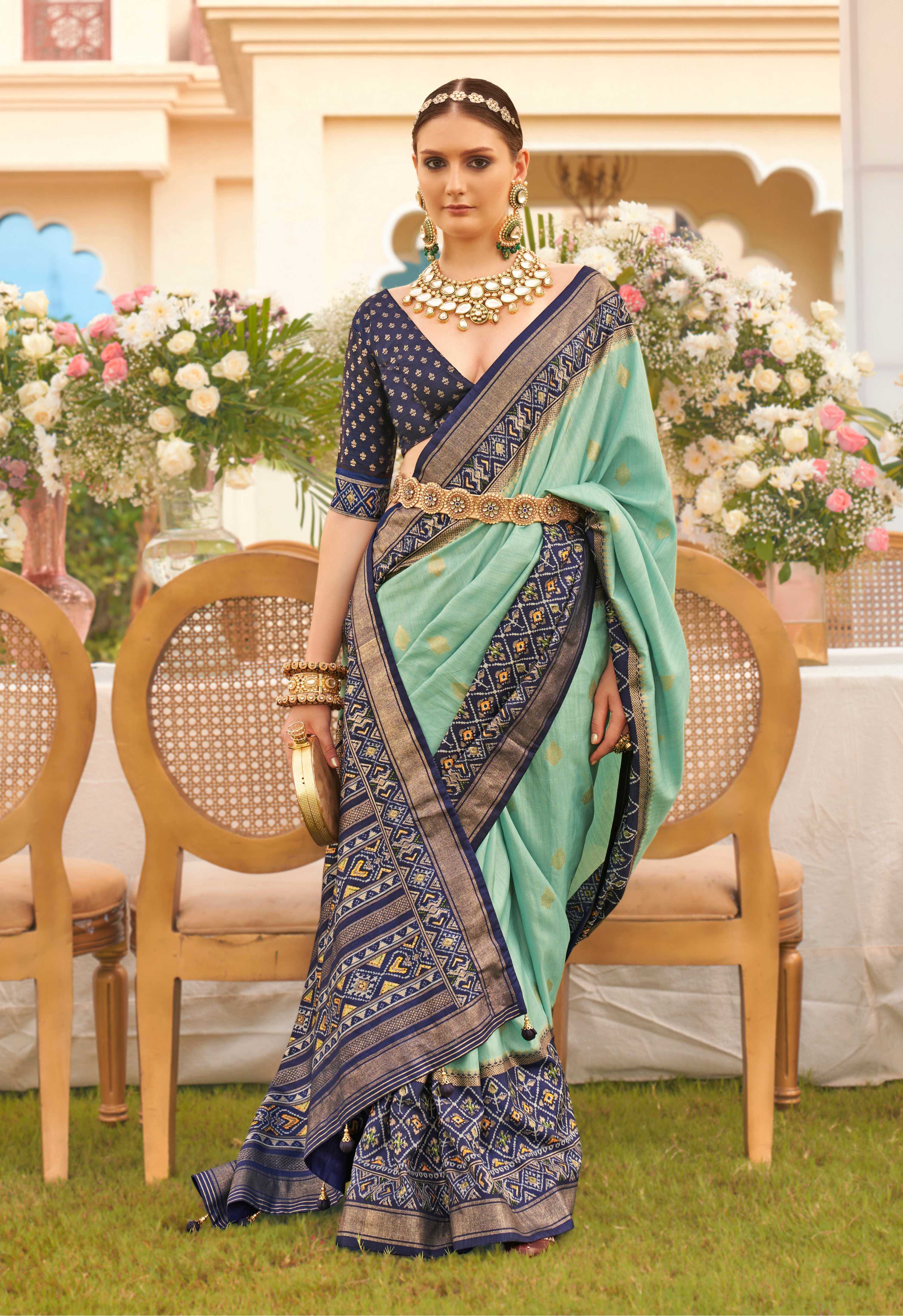 Monjolika Fashion Sea Green Colour Sigma Silk Patola Printed Saree With Blouse