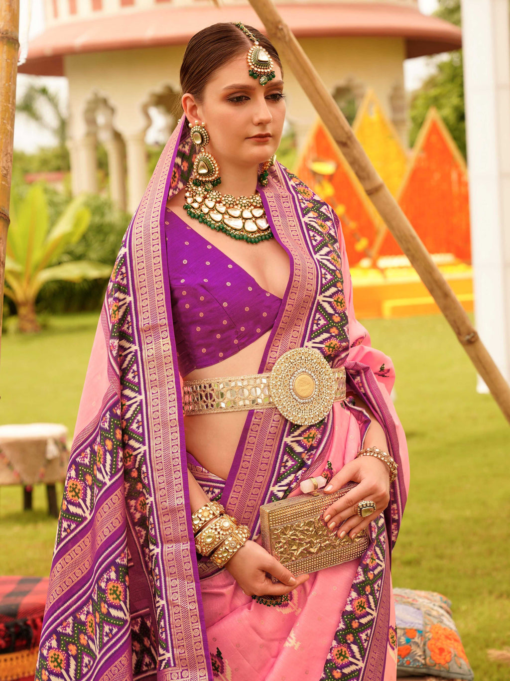 Monjolika Fashion Baby Pink Colour Sigma Silk Patola Printed Saree With Blouse