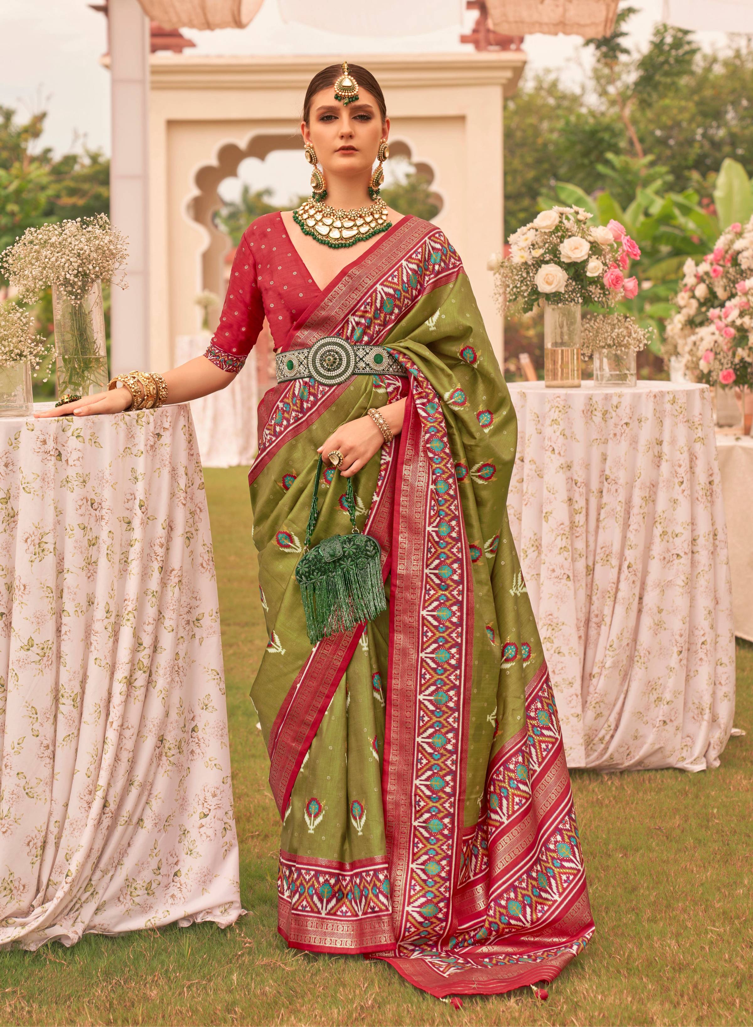 Monjolika Fashion Mehendi Colour Sigma Silk Patola Printed Saree With Blouse