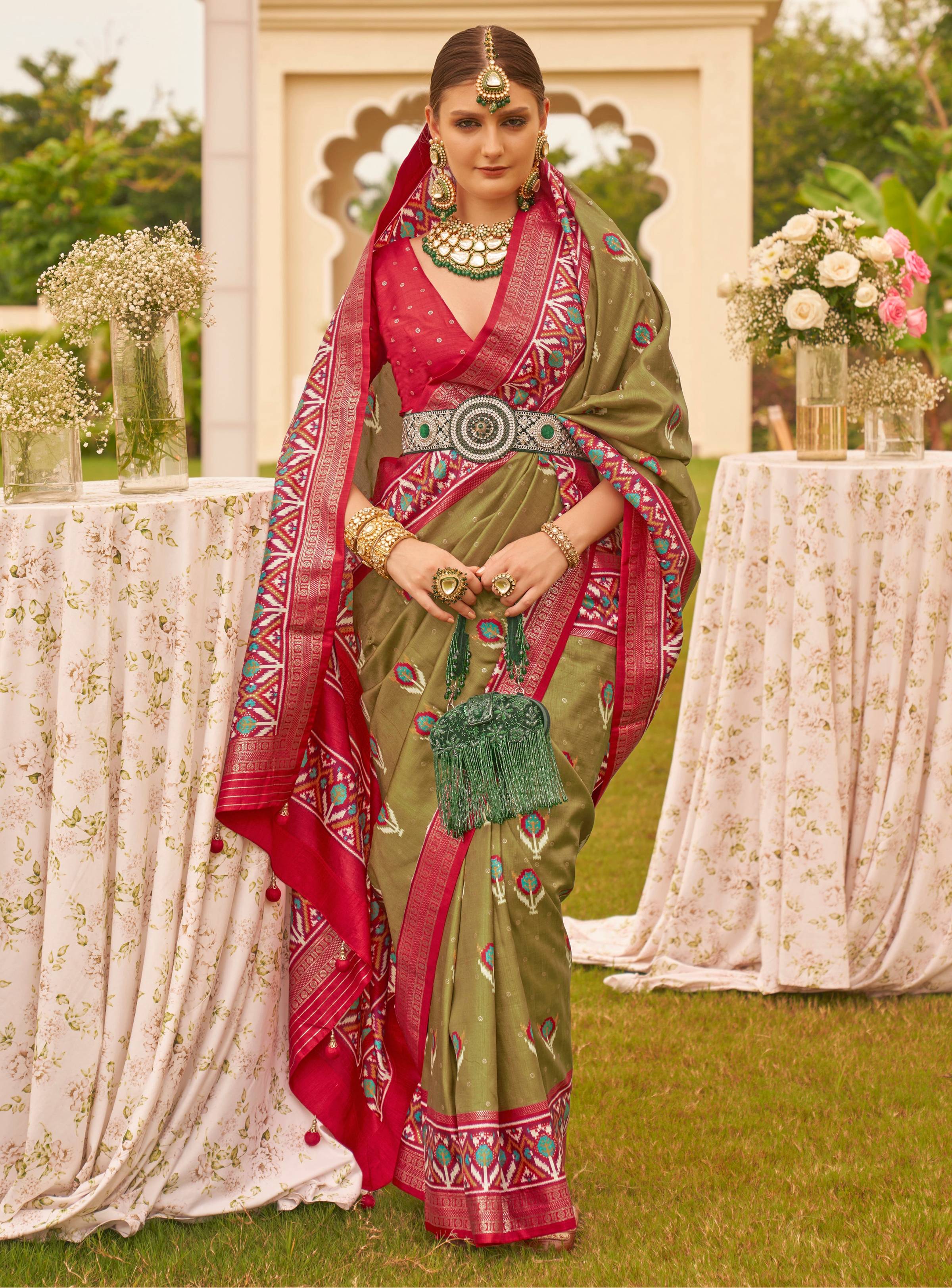 Monjolika Fashion Mehendi Colour Sigma Silk Patola Printed Saree With Blouse