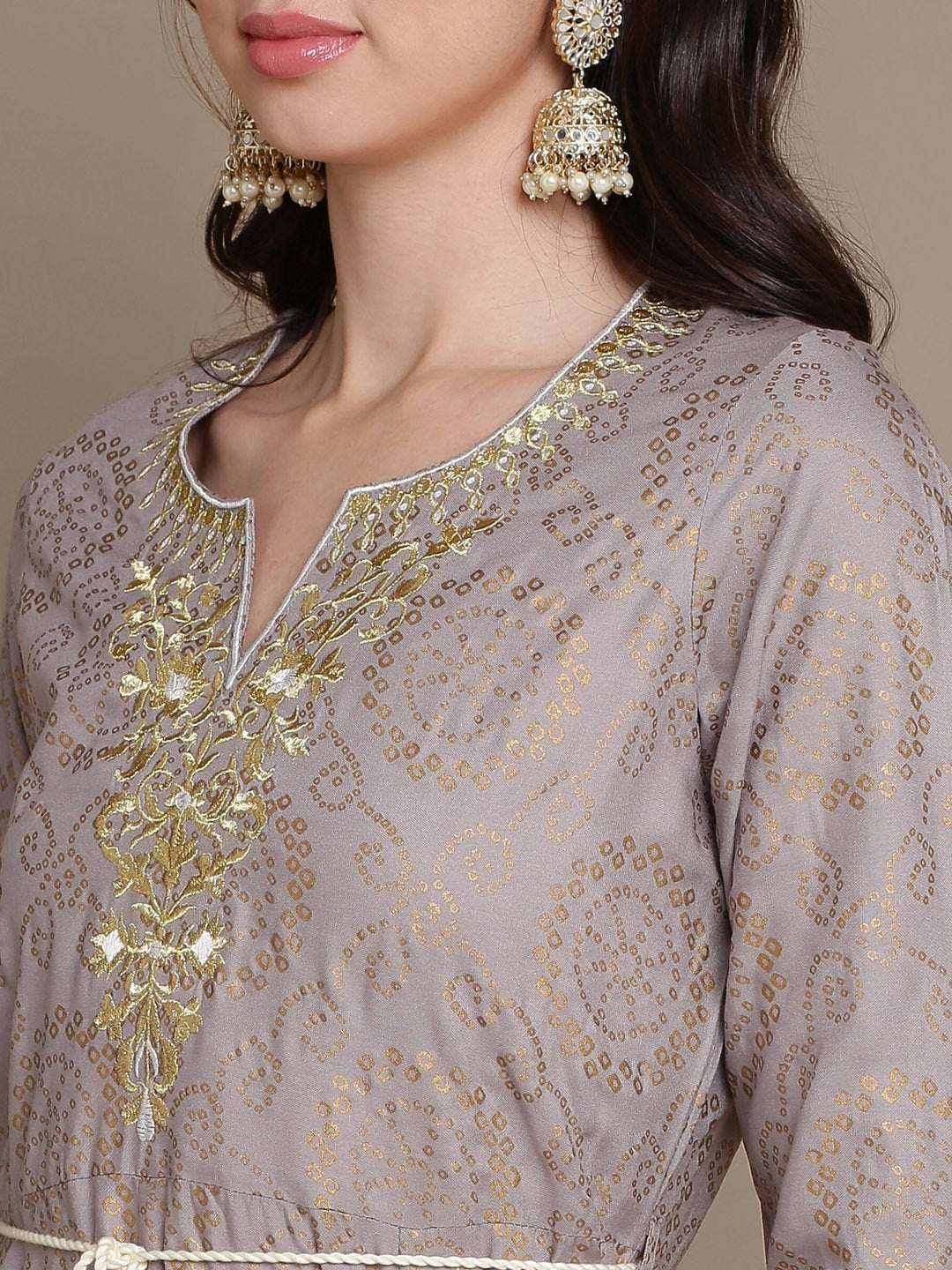 HERE&NOW Embroidered Bandhani Printed Notched Neck Thread Work Anarkali Kurta