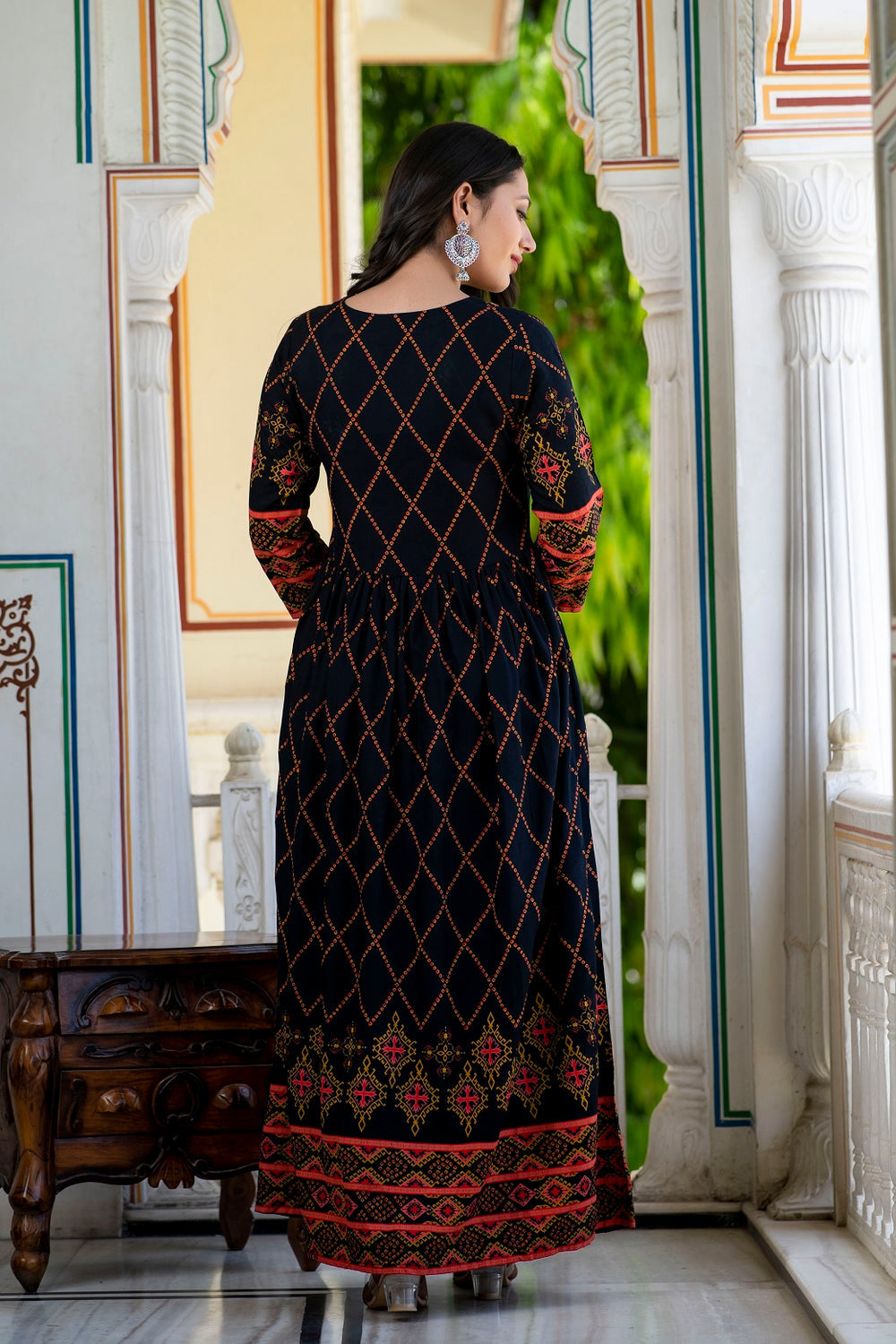 Juniper Women's Black Rayon Printed Flared Dress
