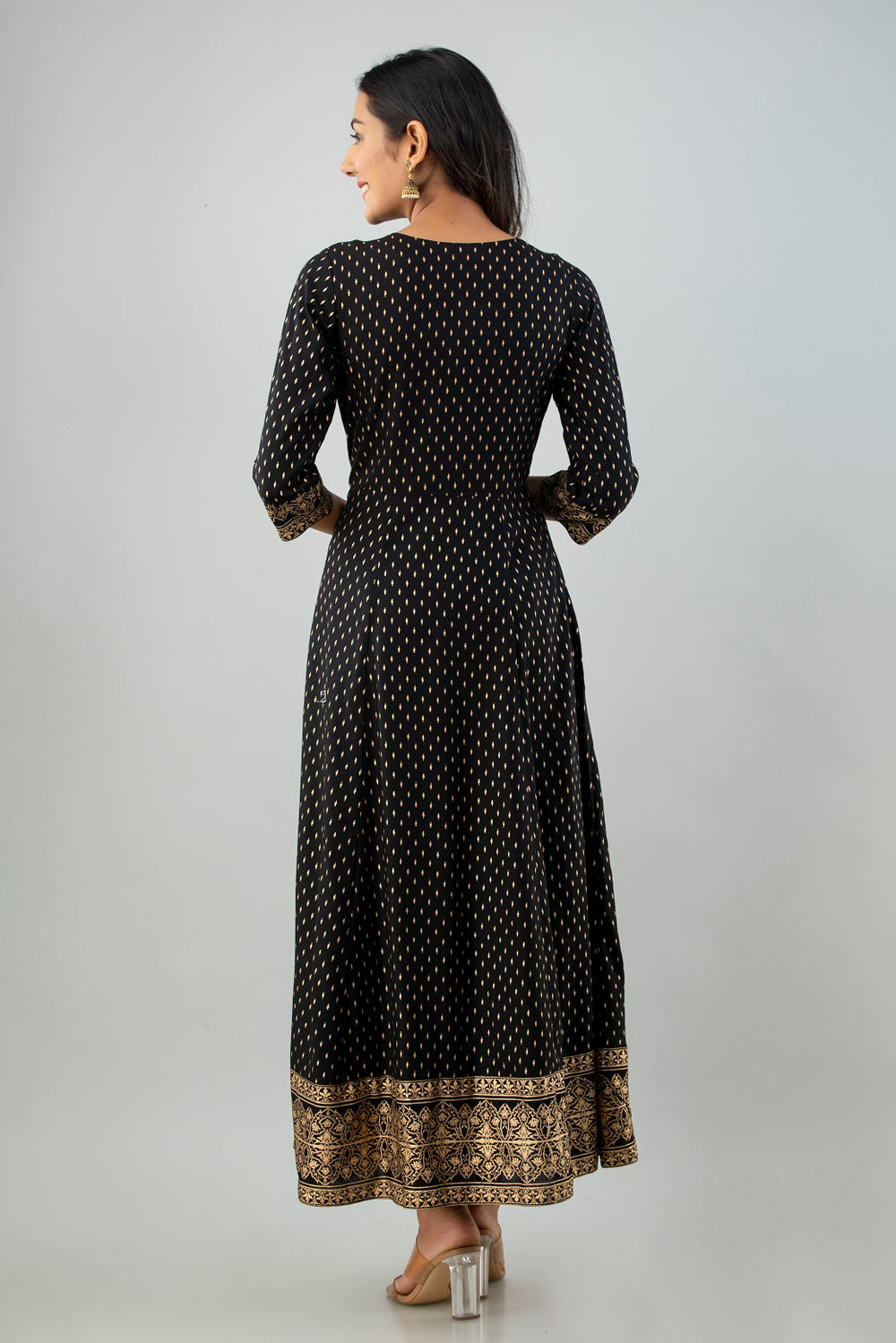 Juniper Women's Black Rayon Printed Flared Dress