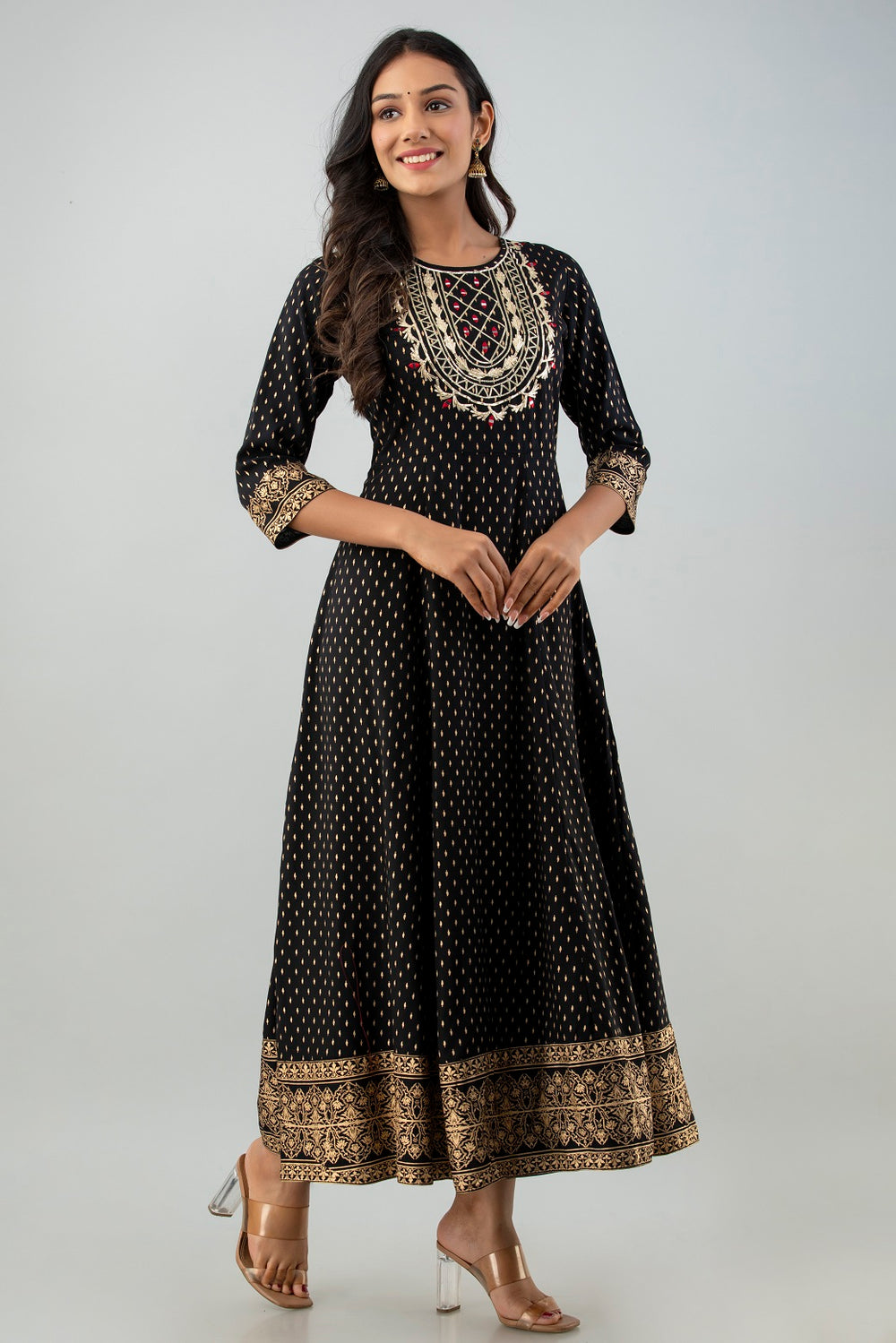 Juniper Women's Black Rayon Printed Flared Dress
