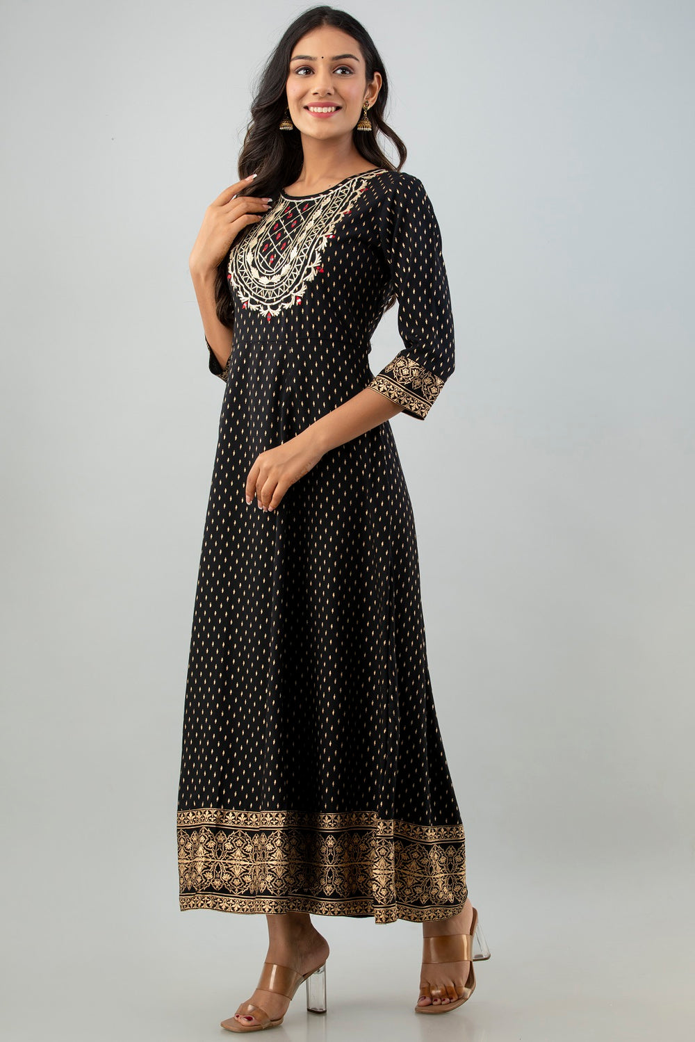 Juniper Women's Black Rayon Printed Flared Dress
