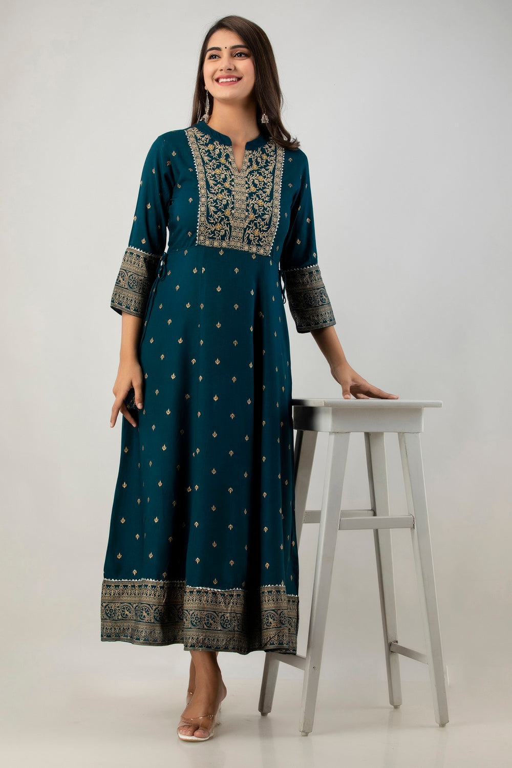 Juniper Women's Teal Rayon Printed Flared Dress