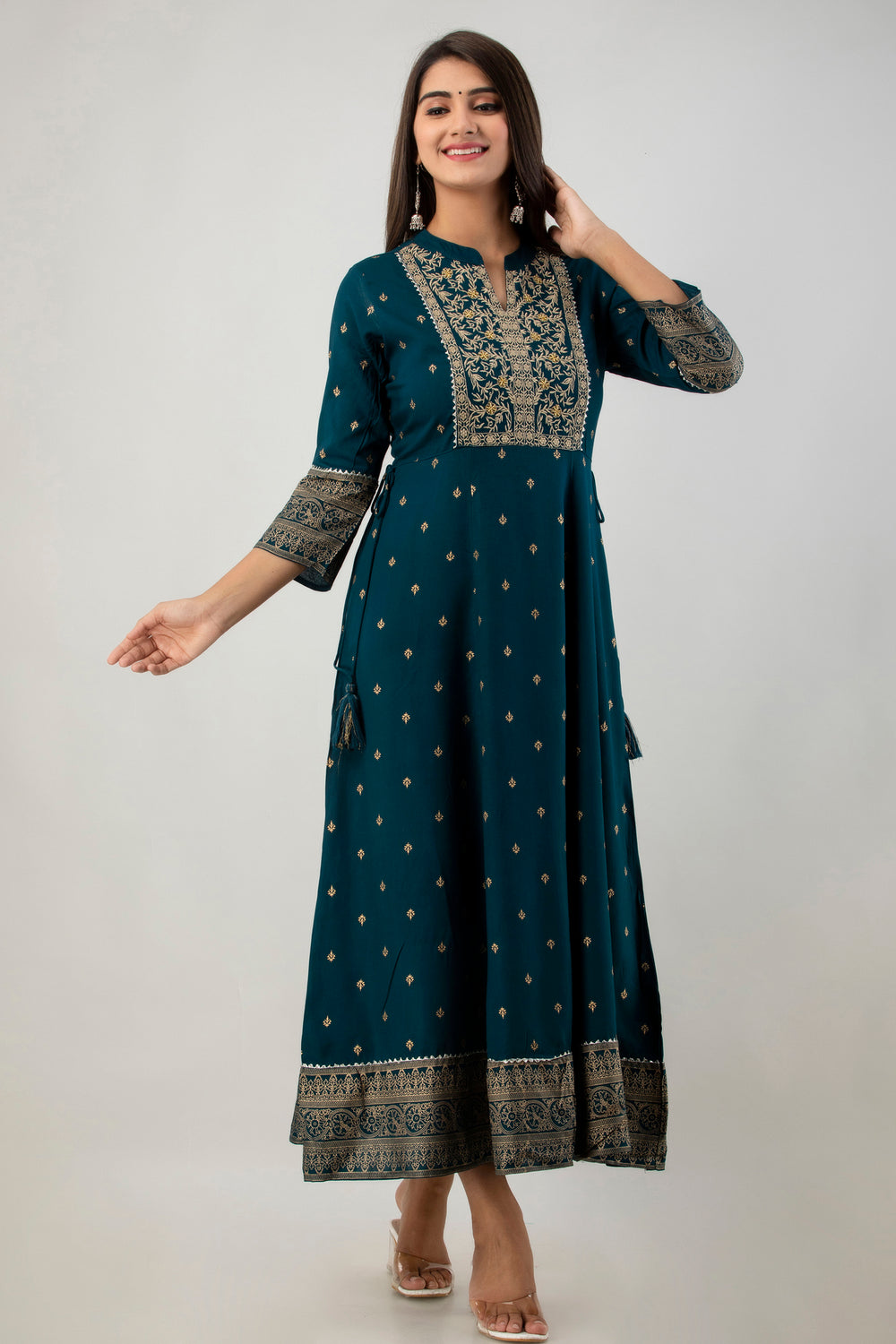 Juniper Women's Teal Rayon Printed Flared Dress