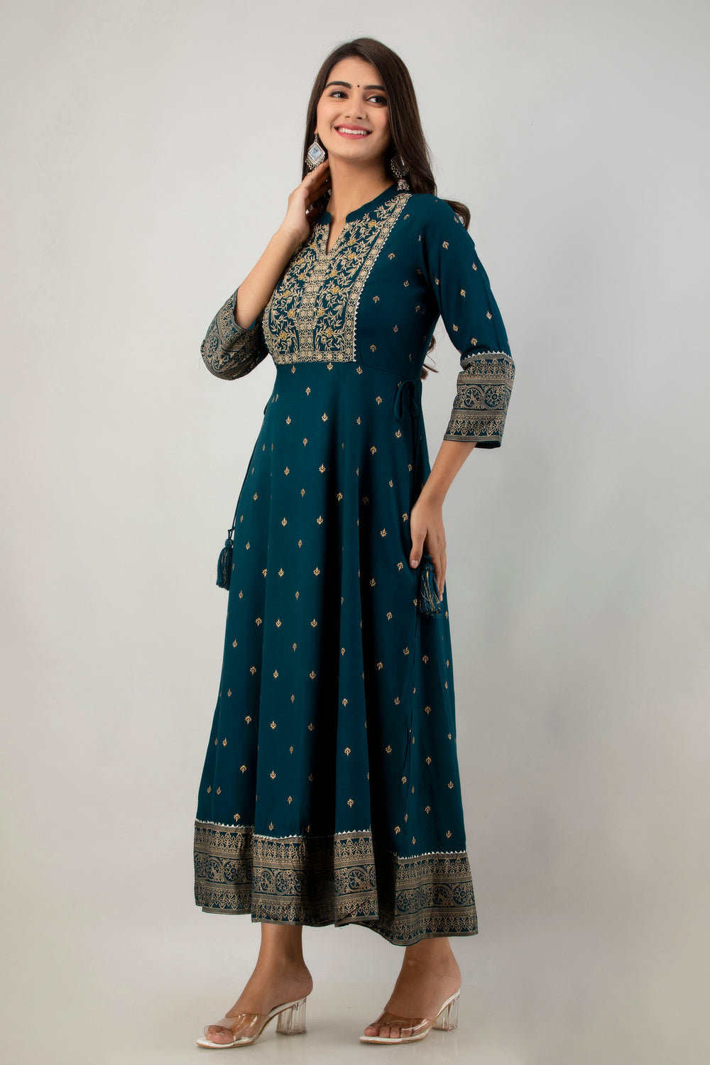 Juniper Women's Teal Rayon Printed Flared Dress