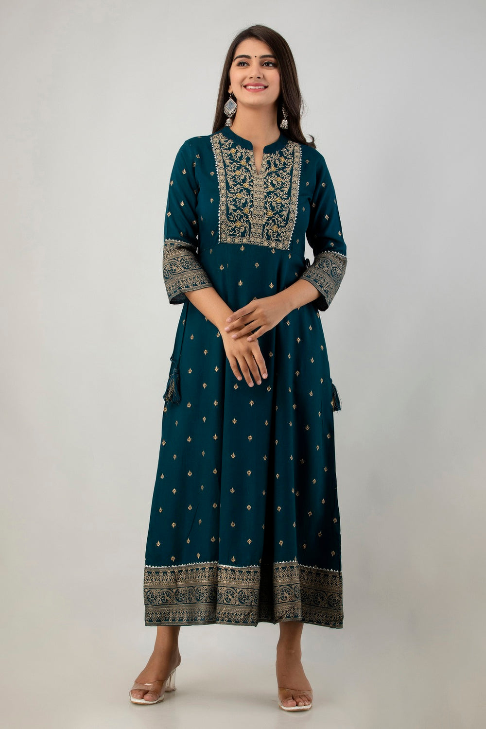 Juniper Women's Teal Rayon Printed Flared Dress