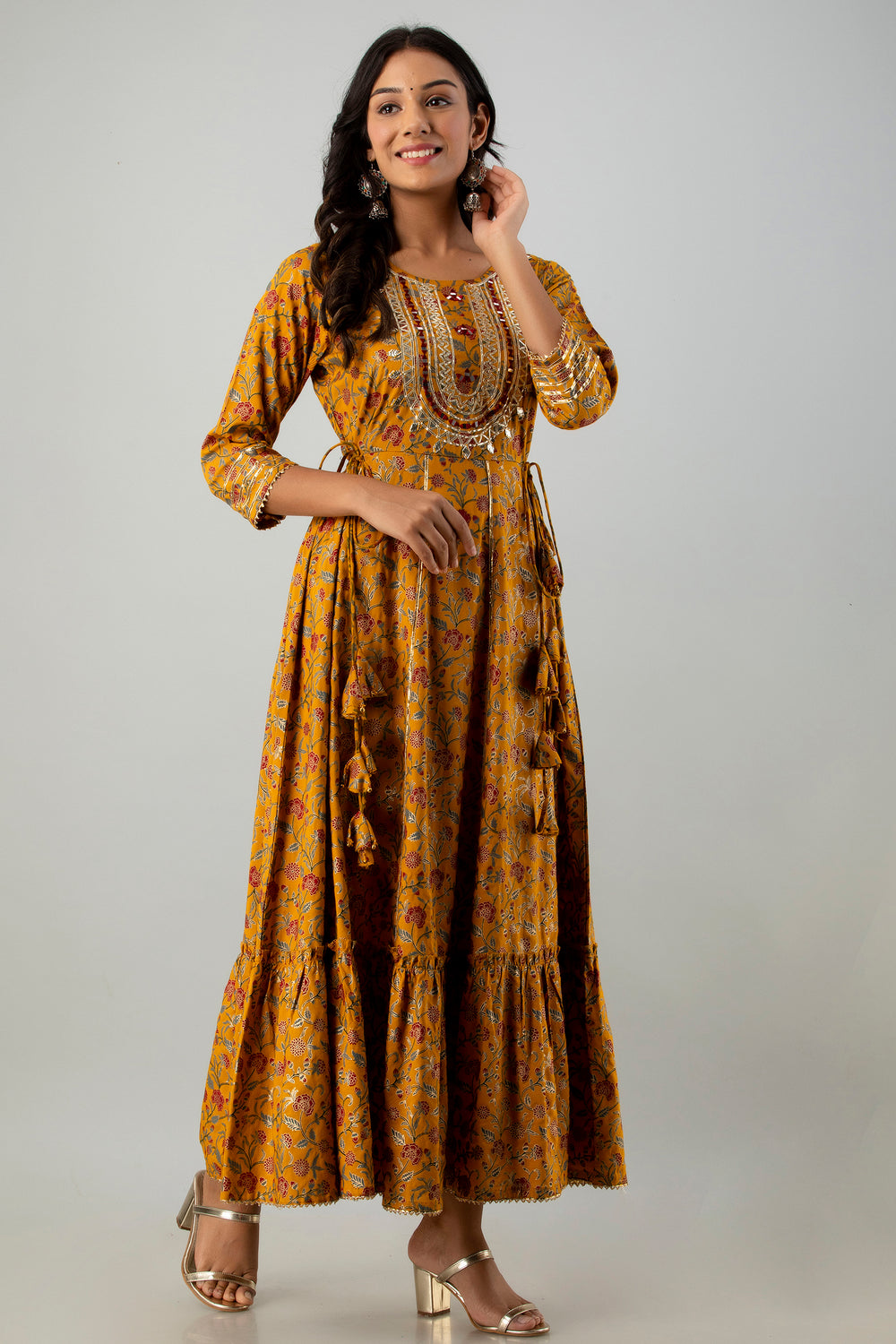 Juniper Women's Mustard Rayon Printed Flared Dress