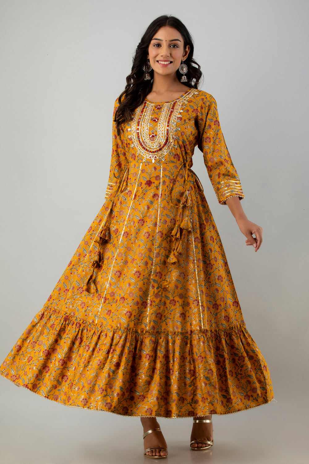 Juniper Women's Mustard Rayon Printed Flared Dress