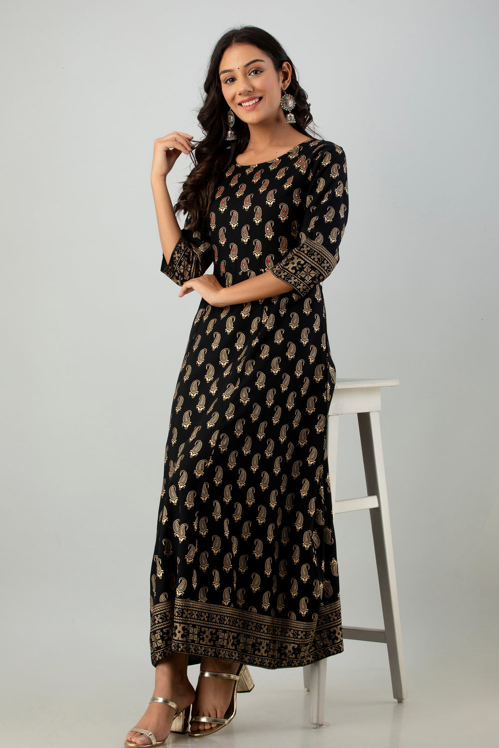 Juniper Women's Black Rayon Printed Flared Dress