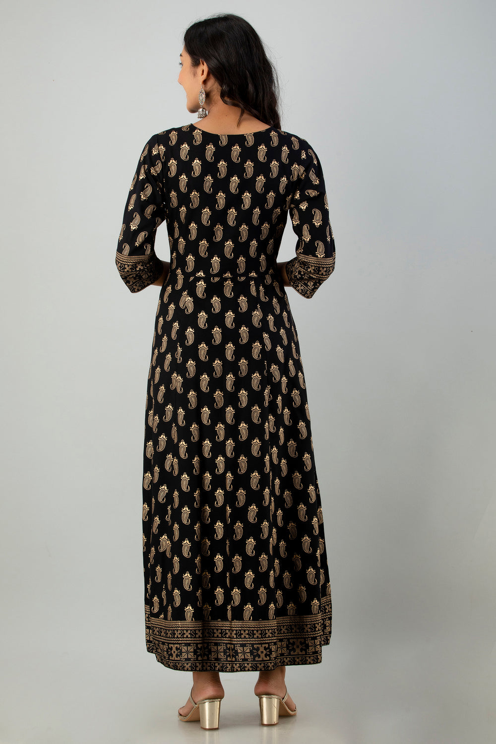 Juniper Women's Black Rayon Printed Flared Dress