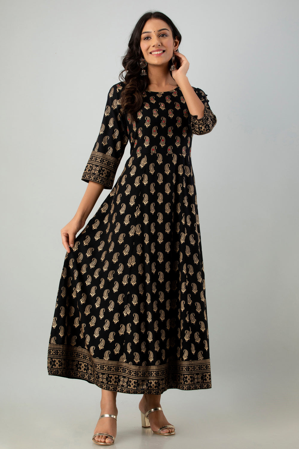 Juniper Women's Black Rayon Printed Flared Dress