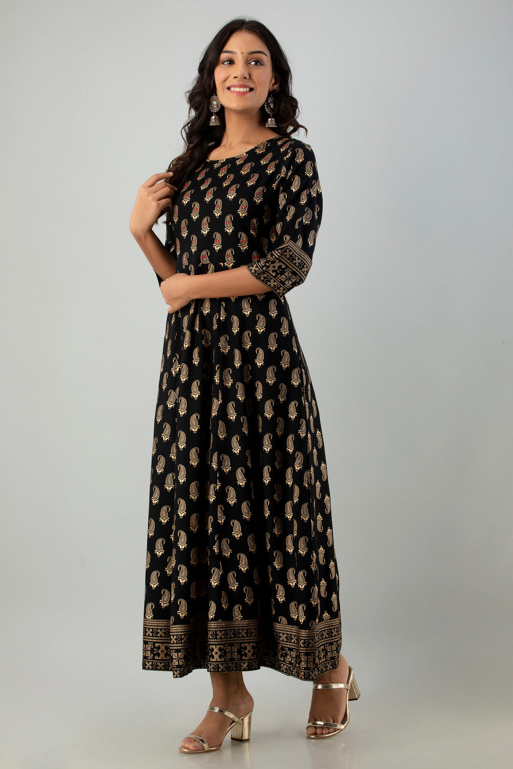 Juniper Women's Black Rayon Printed Flared Dress