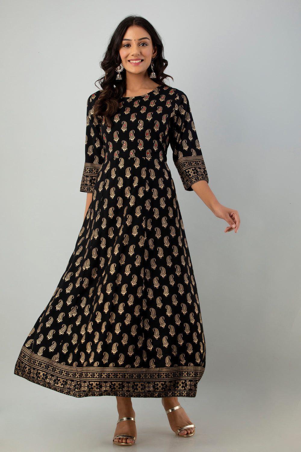 Juniper Women's Black Rayon Printed Flared Dress