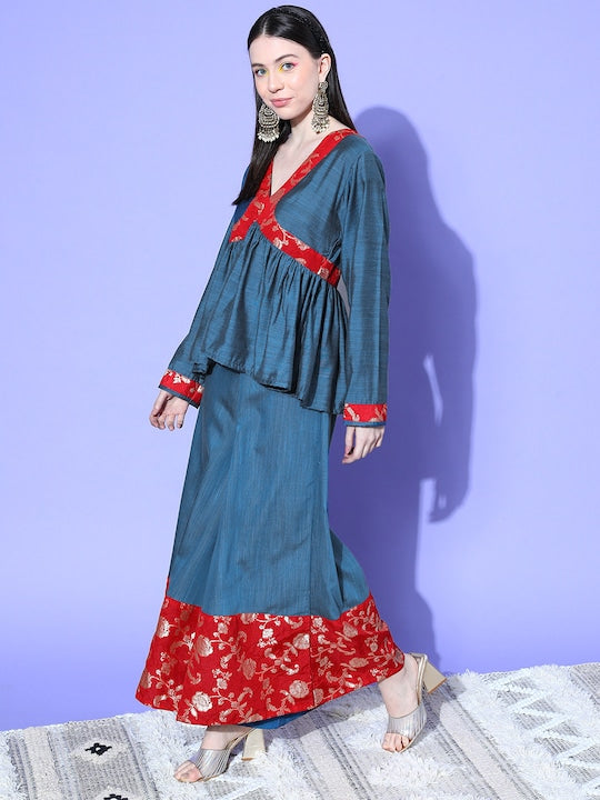 InWeave Women's Teal Red Brocade Mughal Shaan Kurta Palazzo Set