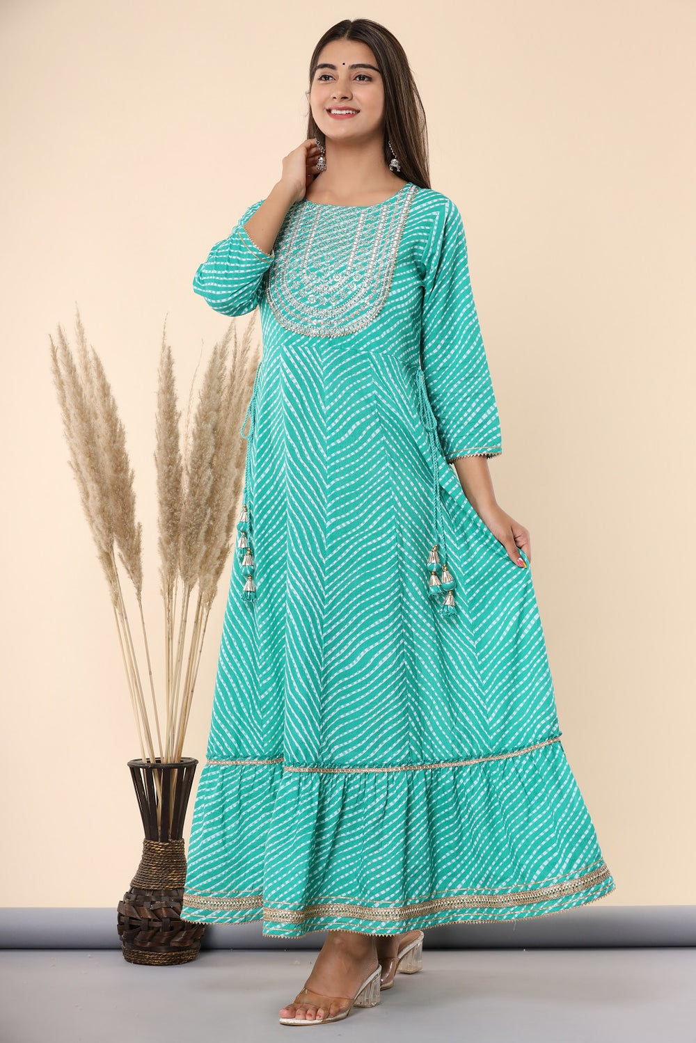 Juniper Women's Green Printed Embroidered Mirror Work Sequin Cotton Flared Dress