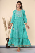 Juniper Women's Green Printed Embroidered Mirror Work Sequin Cotton Flared Dress