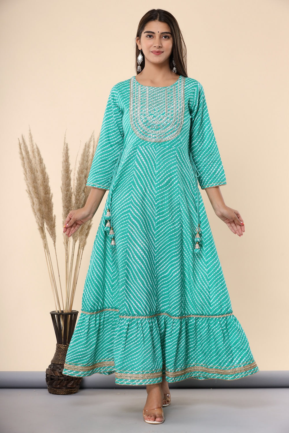 Juniper Women's Green Printed Embroidered Mirror Work Sequin Cotton Flared Dress