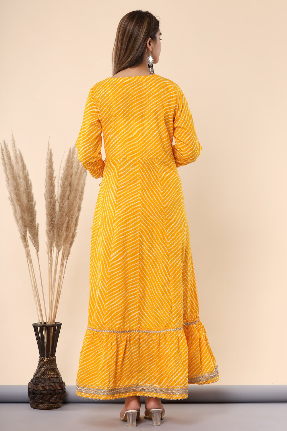 Juniper Women's Yellow Printed Embroidered Mirror Work Sequin Cotton Flared Dress