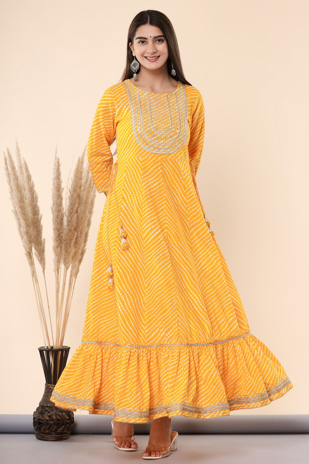 Juniper Women's Yellow Printed Embroidered Mirror Work Sequin Cotton Flared Dress