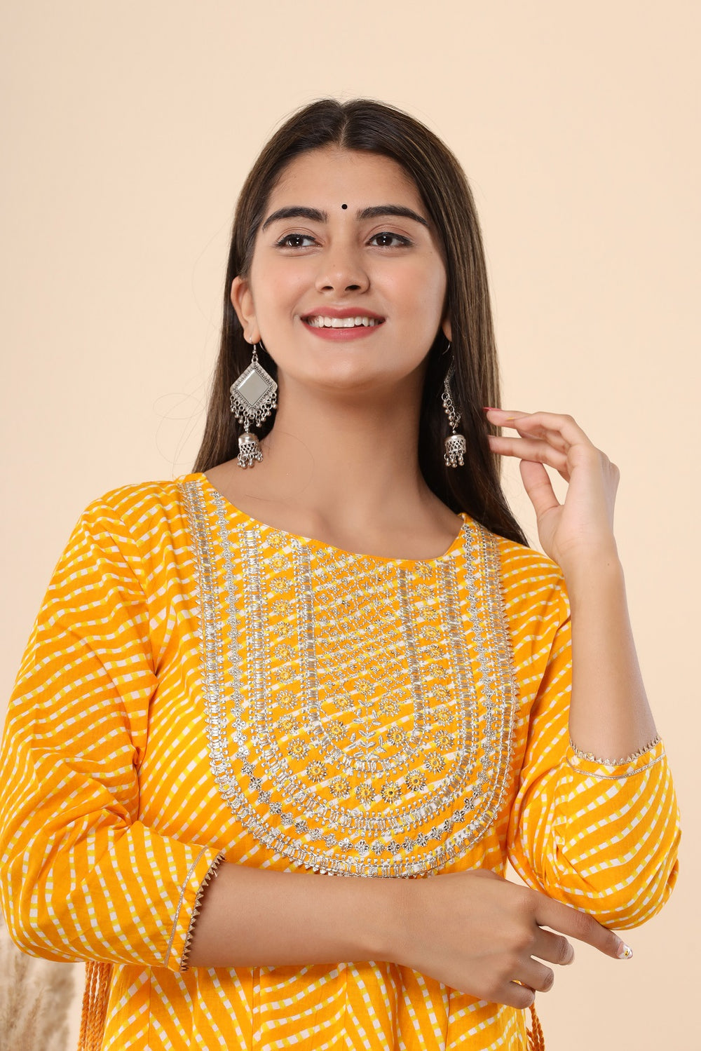 Juniper Women's Yellow Printed Embroidered Mirror Work Sequin Cotton Flared Dress