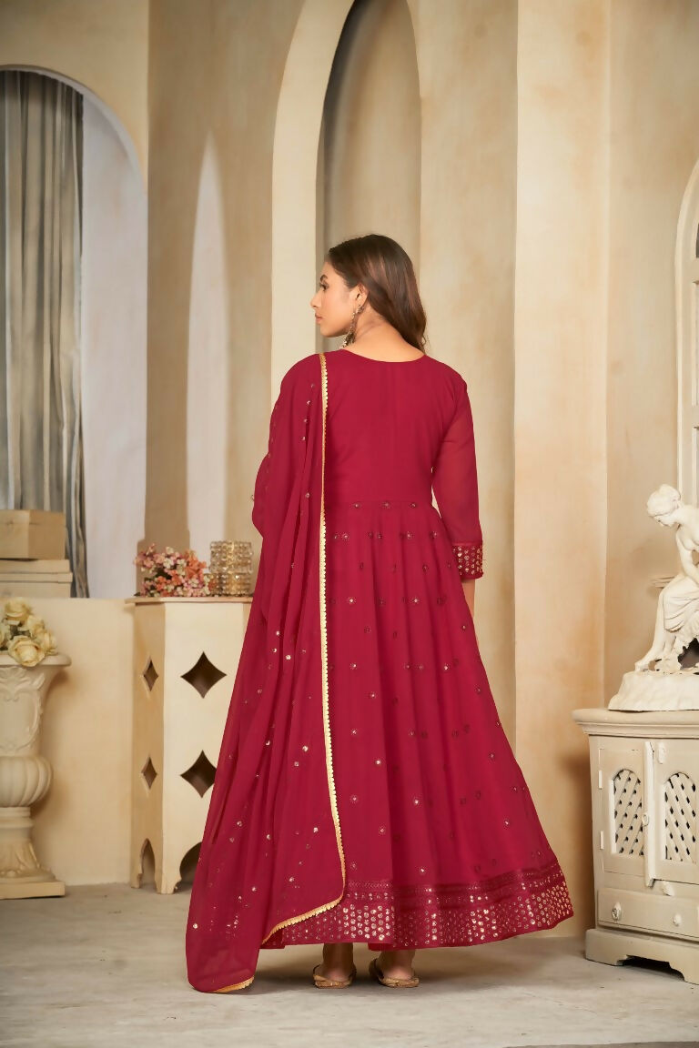 Jyoti Fashion Women's Maroon Georgette Embroidered Anarkali Kurta Pant Set With Dupatta