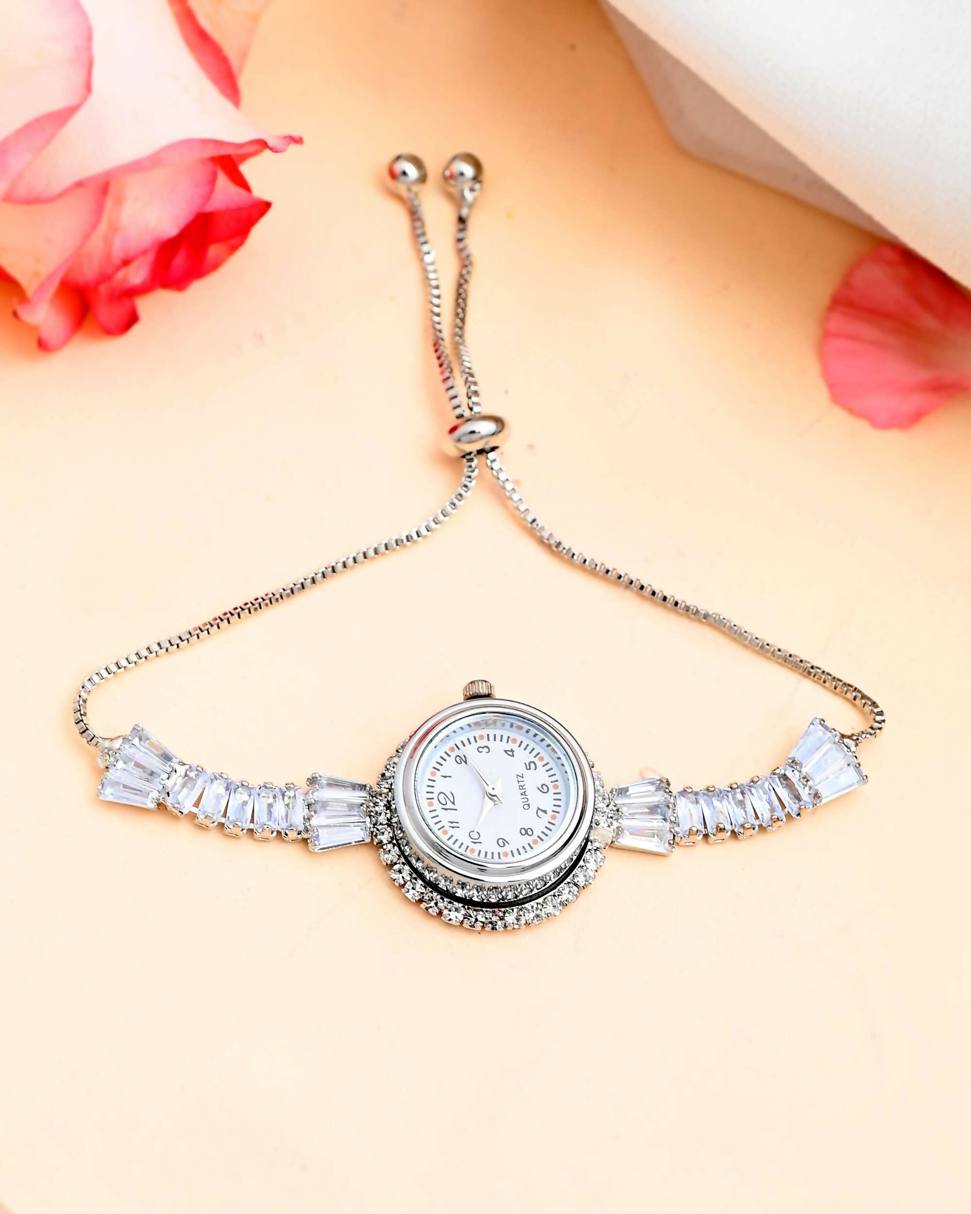 VOJ Silver Plated Crystal Studded Watch Bracelet