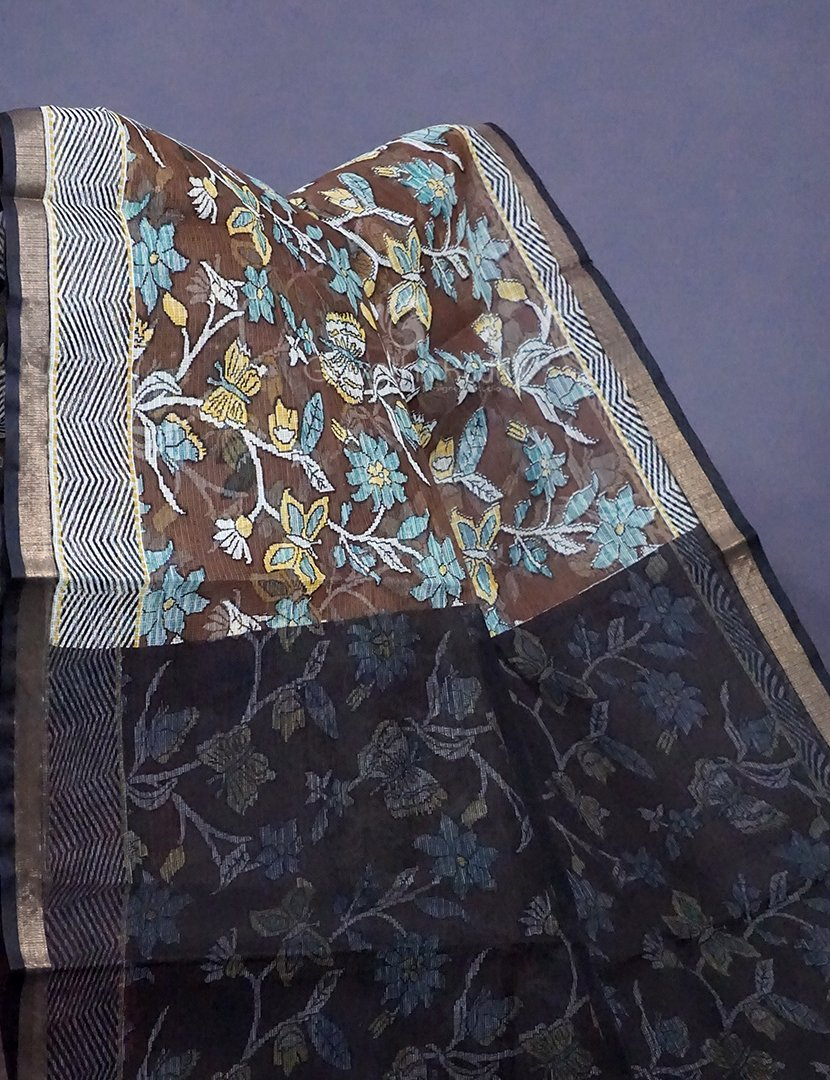 Black And Brown Colour Block Print Pure Kota Cotton Saree By Gayathri Reddy Designer Studio
