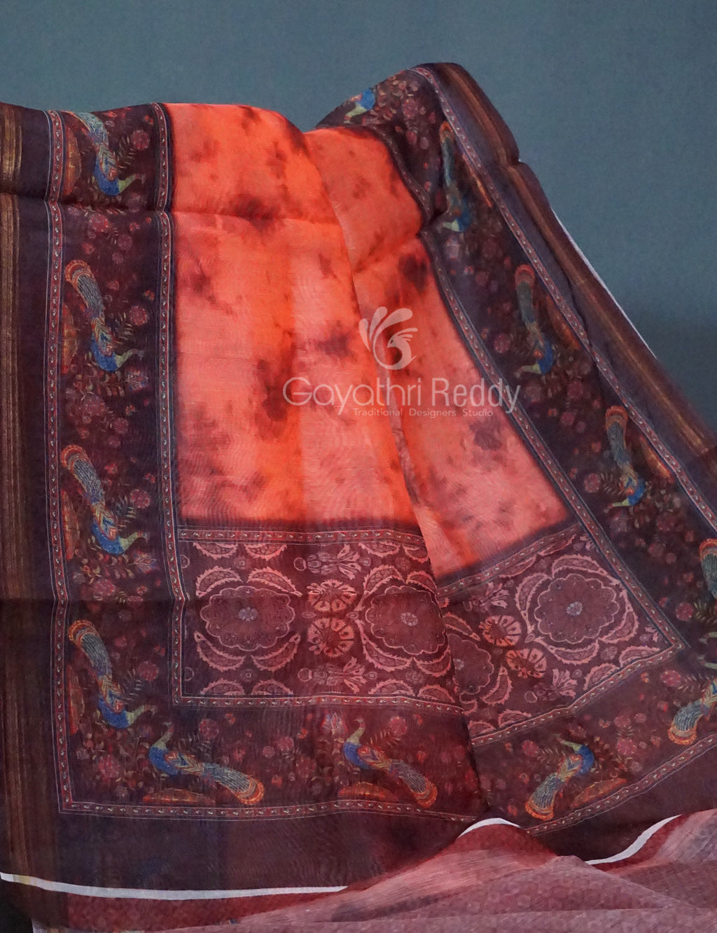 Shades of Peachish Orange Colour Shibori Print Semi Chanderi Saree By Gayathri Reddy Designer Studio